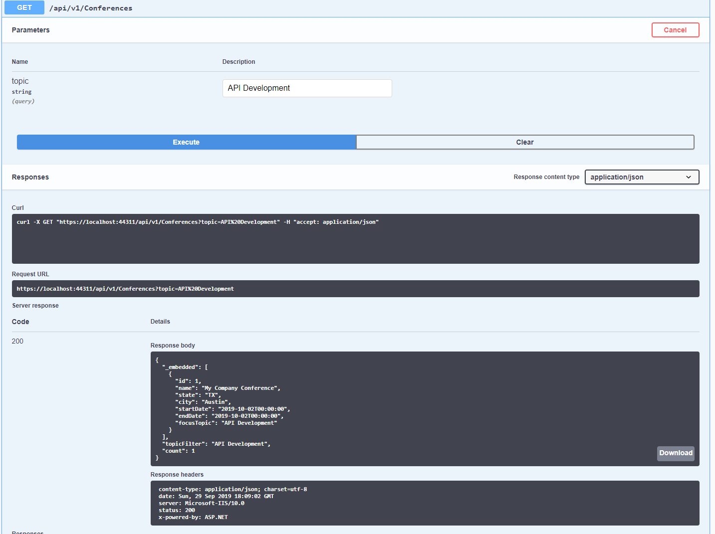 Conferences Endpoint Swagger screenshot